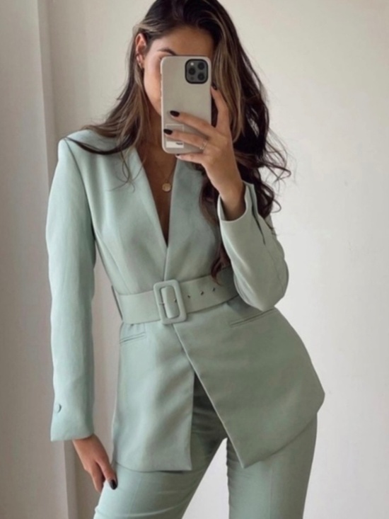 Zara Jackets & Blazers - Zara Lapelless Mint Green Belted Blazer Blogger’s Favorite Size S MSRP $128